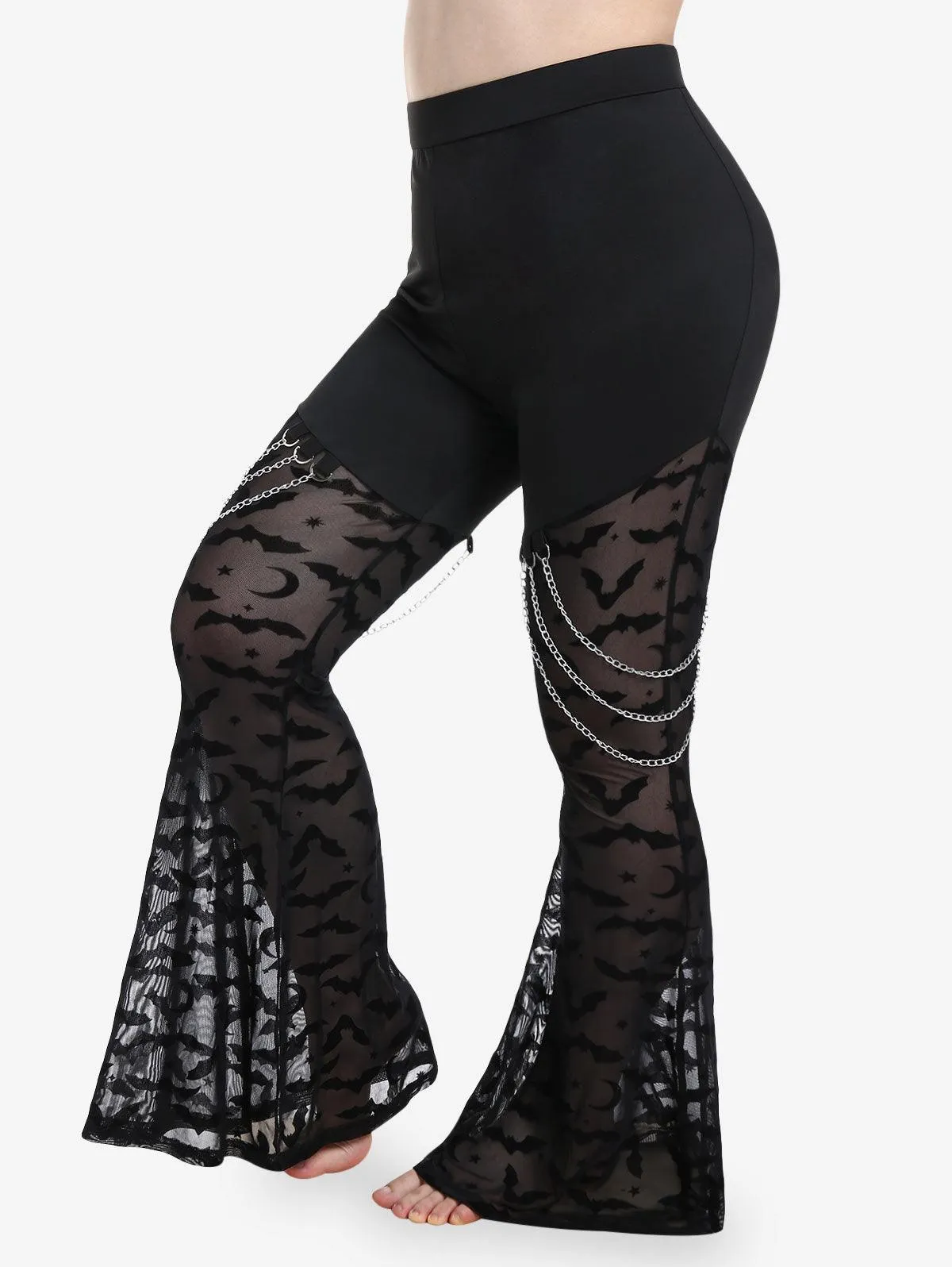 Gothic Black Lace Panel Flare Pants - High-Waist with Lace-Up Detailing