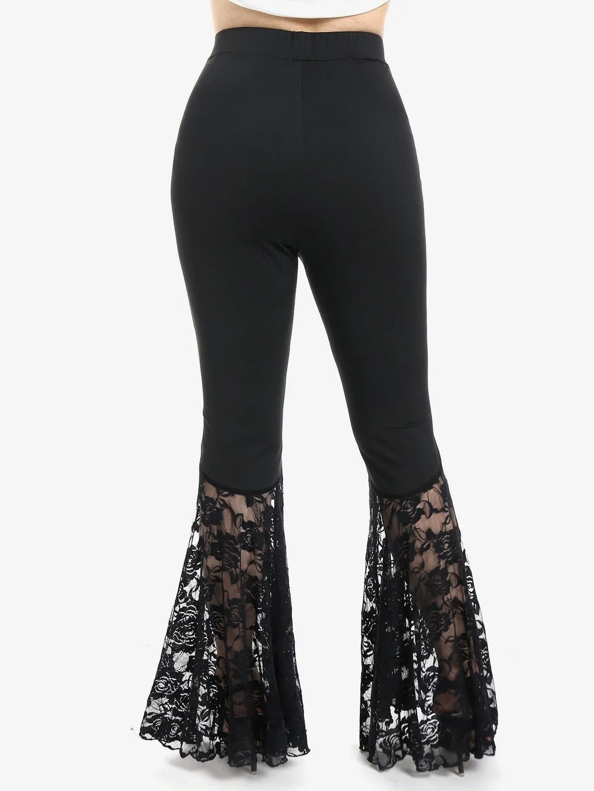 Gothic Black Lace Panel Flare Pants - High-Waist with Lace-Up Detailing