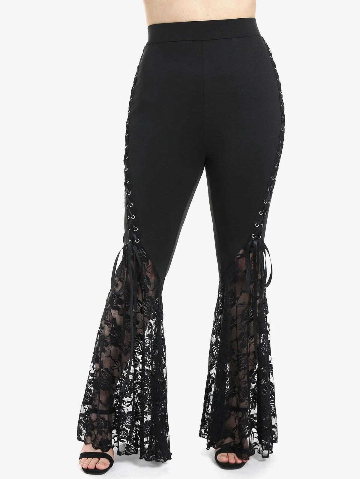 Gothic Black Lace Panel Flare Pants - High-Waist with Lace-Up Detailing