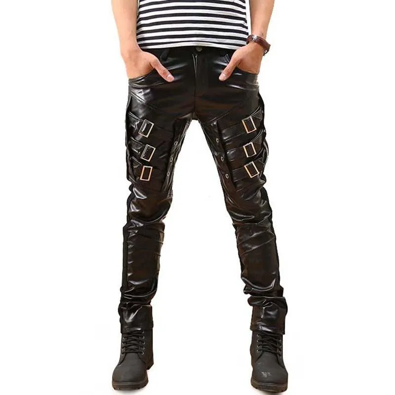 Gothic Punk Party Costume Faux Leather Pants - Featuring PU Buckles for a Unique and Edgy Look