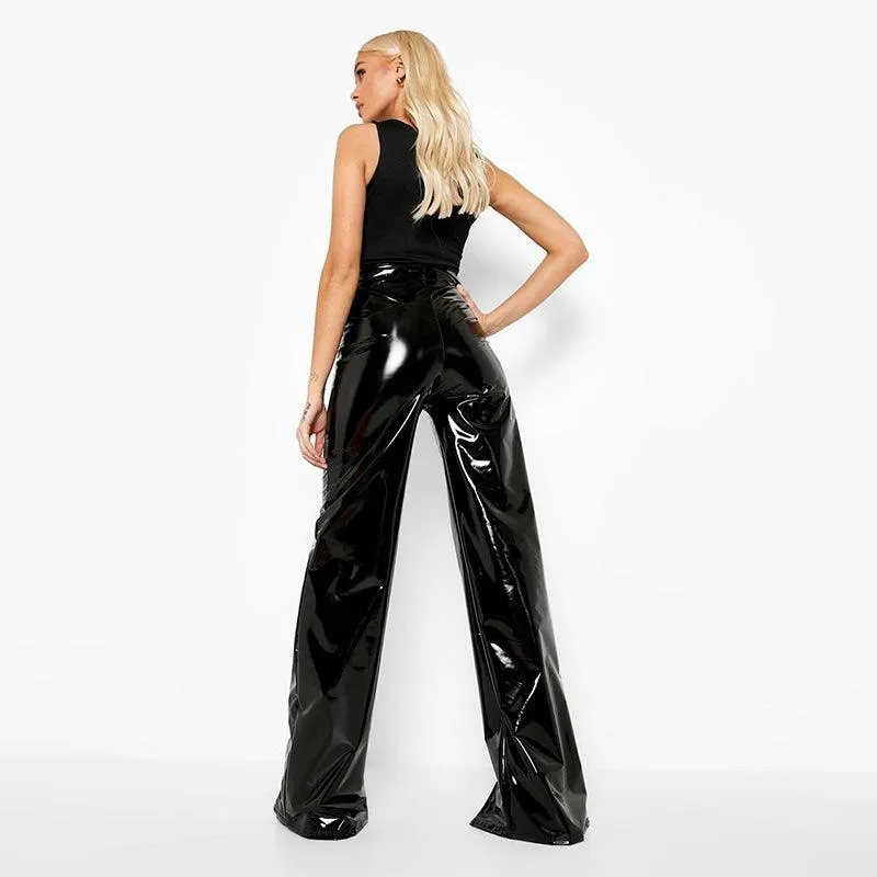 High-Waisted Faux Latex Wide Leg Pants - Perfect for a Bold and Fashion-Forward Look