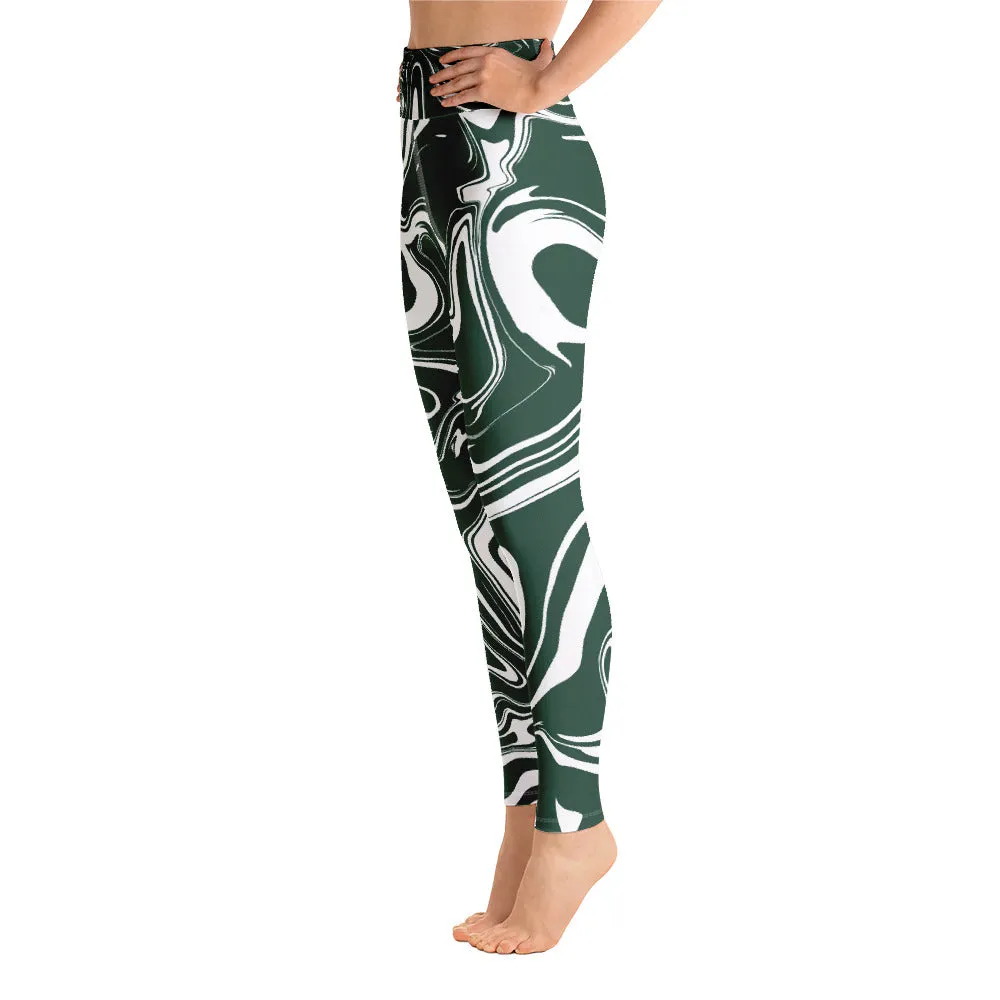 Hunter Green and White Psychedelic Melt High-Waisted Yoga Leggings