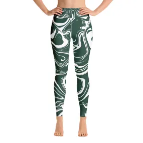 Hunter Green and White Psychedelic Melt High-Waisted Yoga Leggings