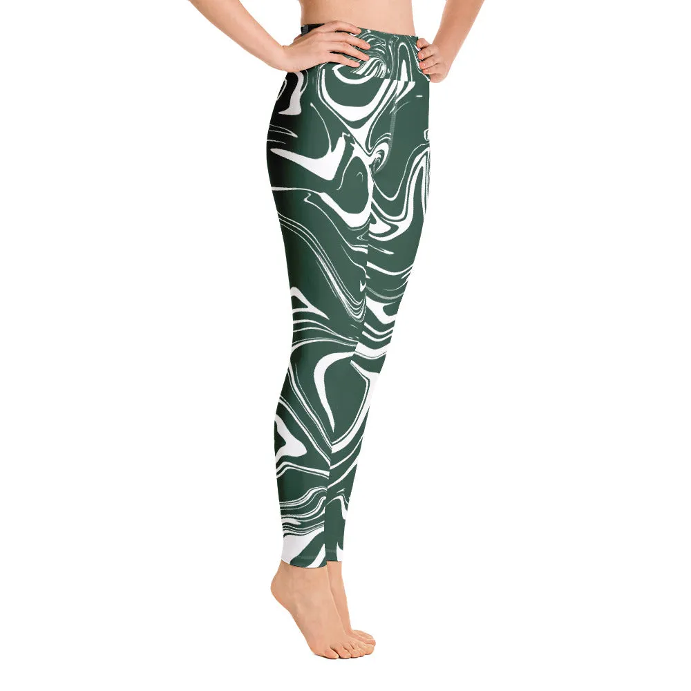 Hunter Green and White Psychedelic Melt High-Waisted Yoga Leggings