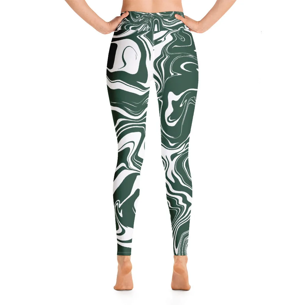 Hunter Green and White Psychedelic Melt High-Waisted Yoga Leggings