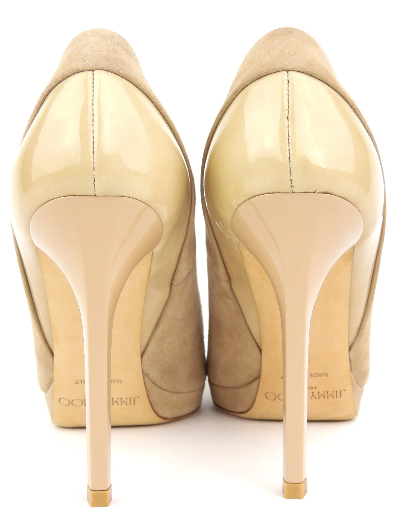 Jimmy Choo Beige Suede and Patent Leather Stiletto Heel Platform Pumps - 37