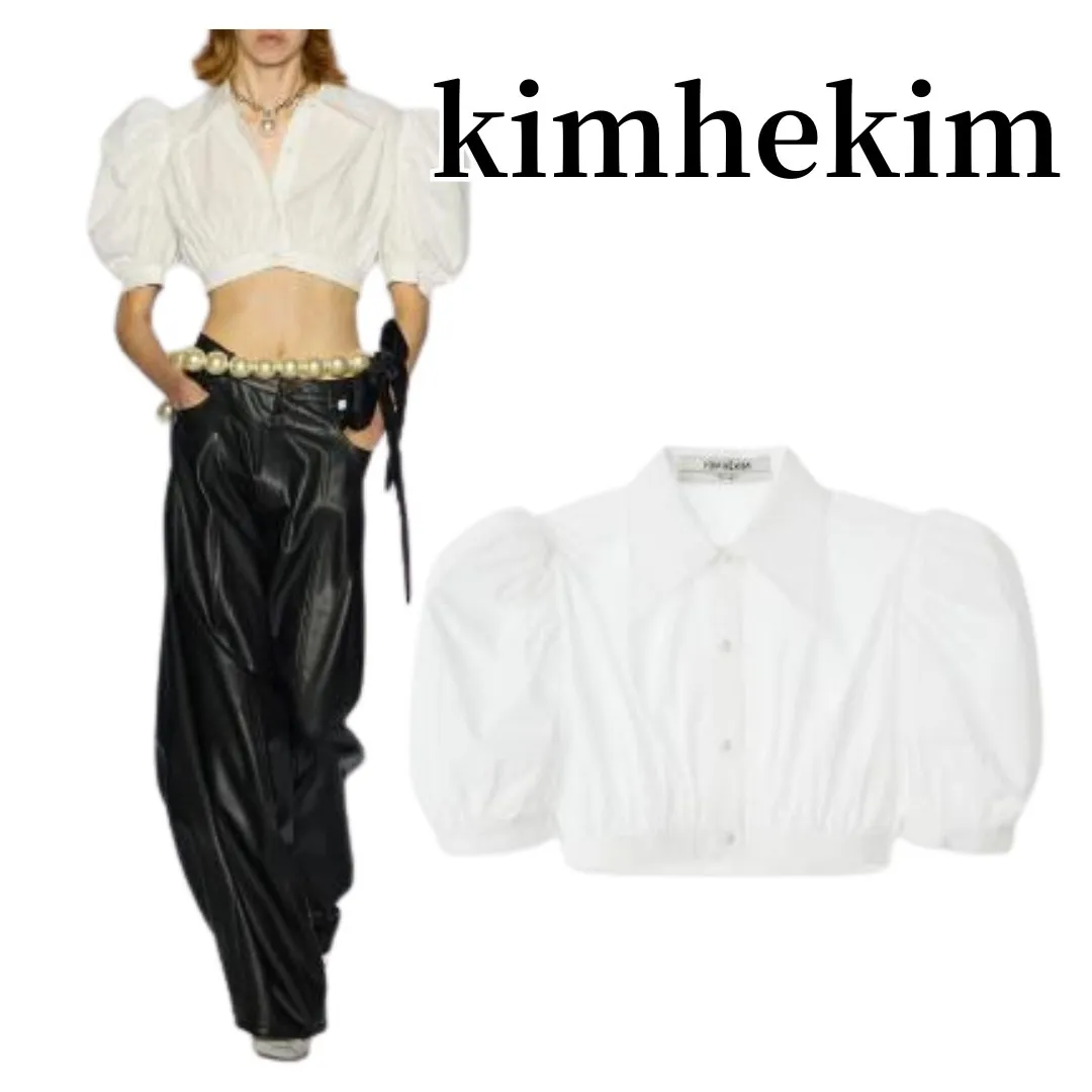 KIMHEKIM  |Casual Style Cotton Short Sleeves Puff Sleeves Cropped Tops