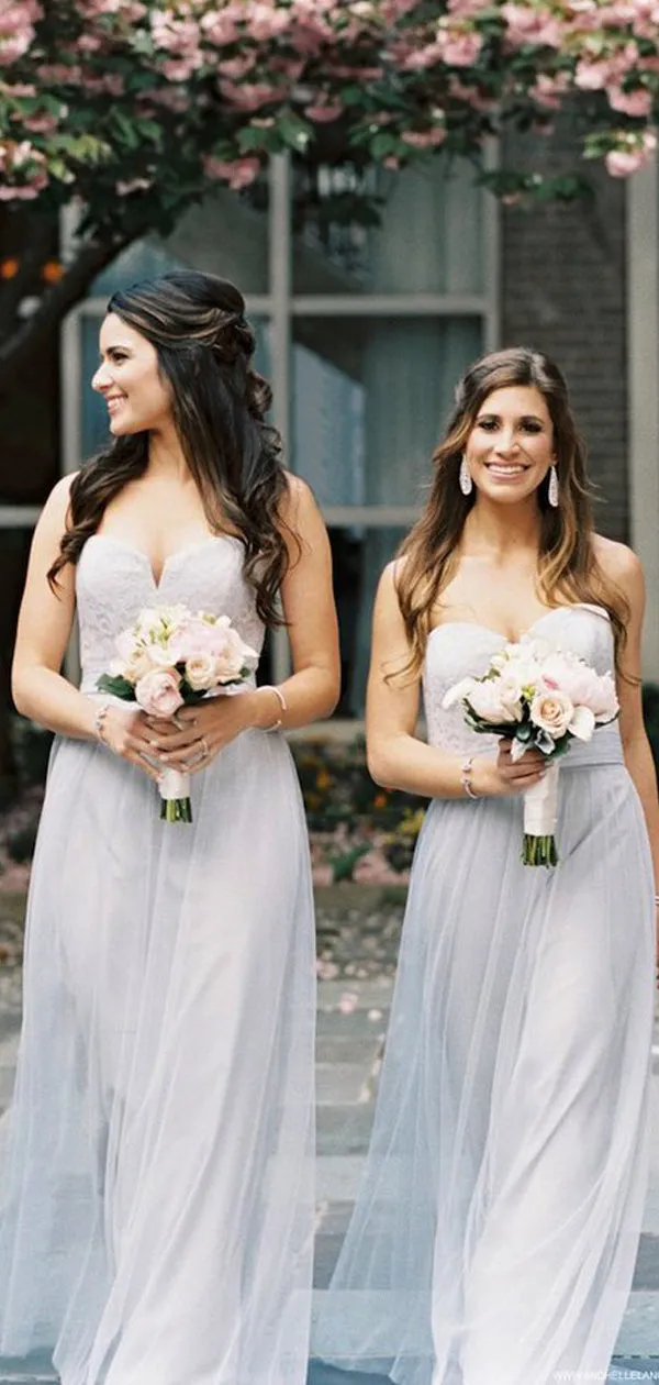 Light Grey Lace Tulle Mismatched Long A-line Bridesmaid Dresses,DB105