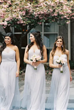 Light Grey Lace Tulle Mismatched Long A-line Bridesmaid Dresses,DB105