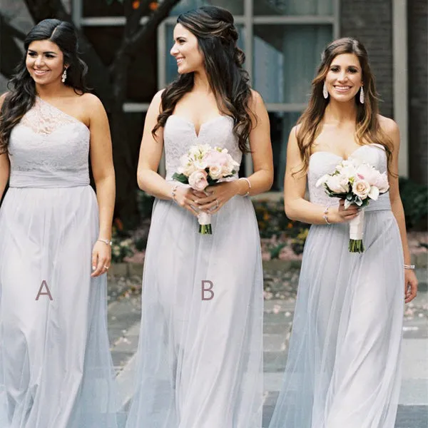 Light Grey Lace Tulle Mismatched Long A-line Bridesmaid Dresses,DB105