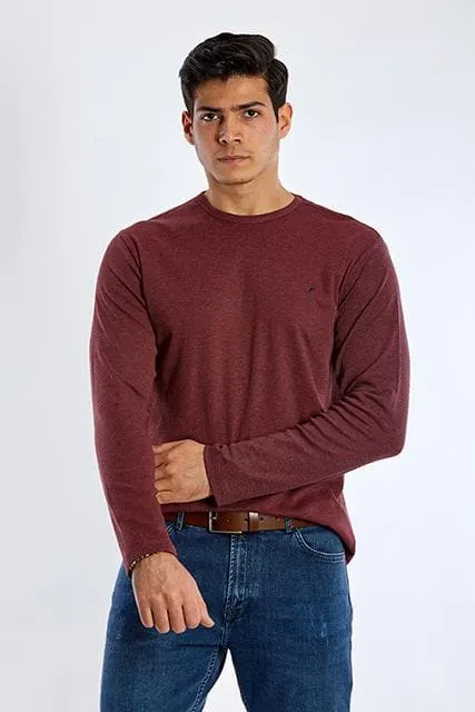 Long Sleeve Round Neck Plain T-Shirt - DARK WINE