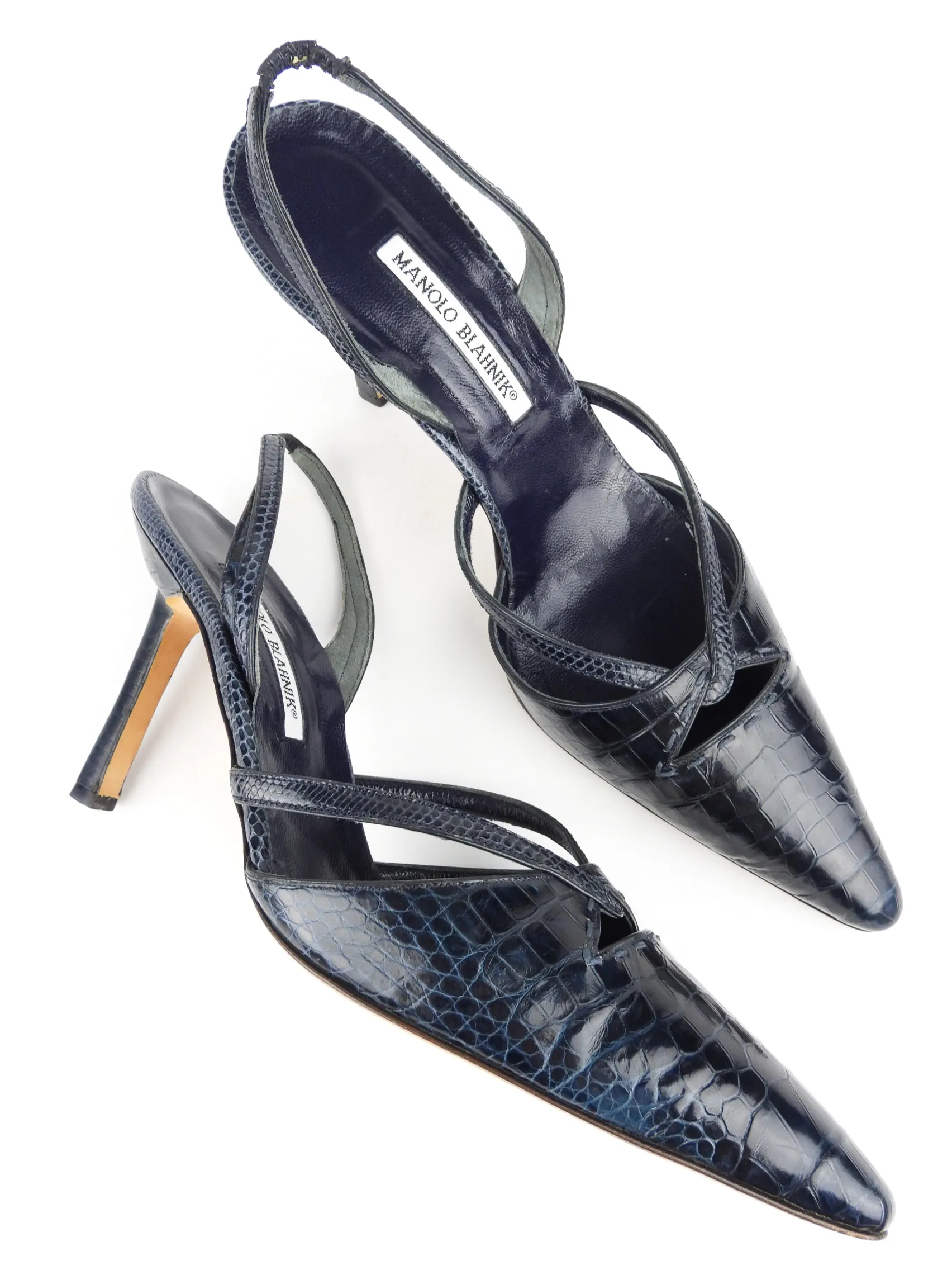 Manolo Blahnik Navy Blue Python Leather Slingback Stiletto Heel Pumps - 41