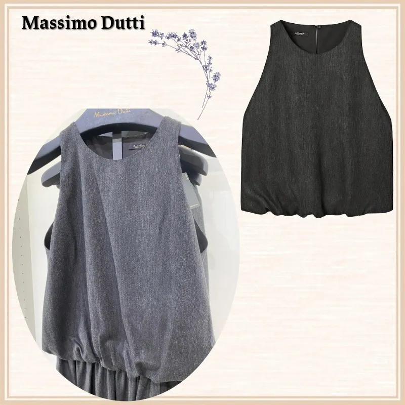 Massimo Dutti  |Crew Neck Sleeveless Plain Cotton Cropped Tops