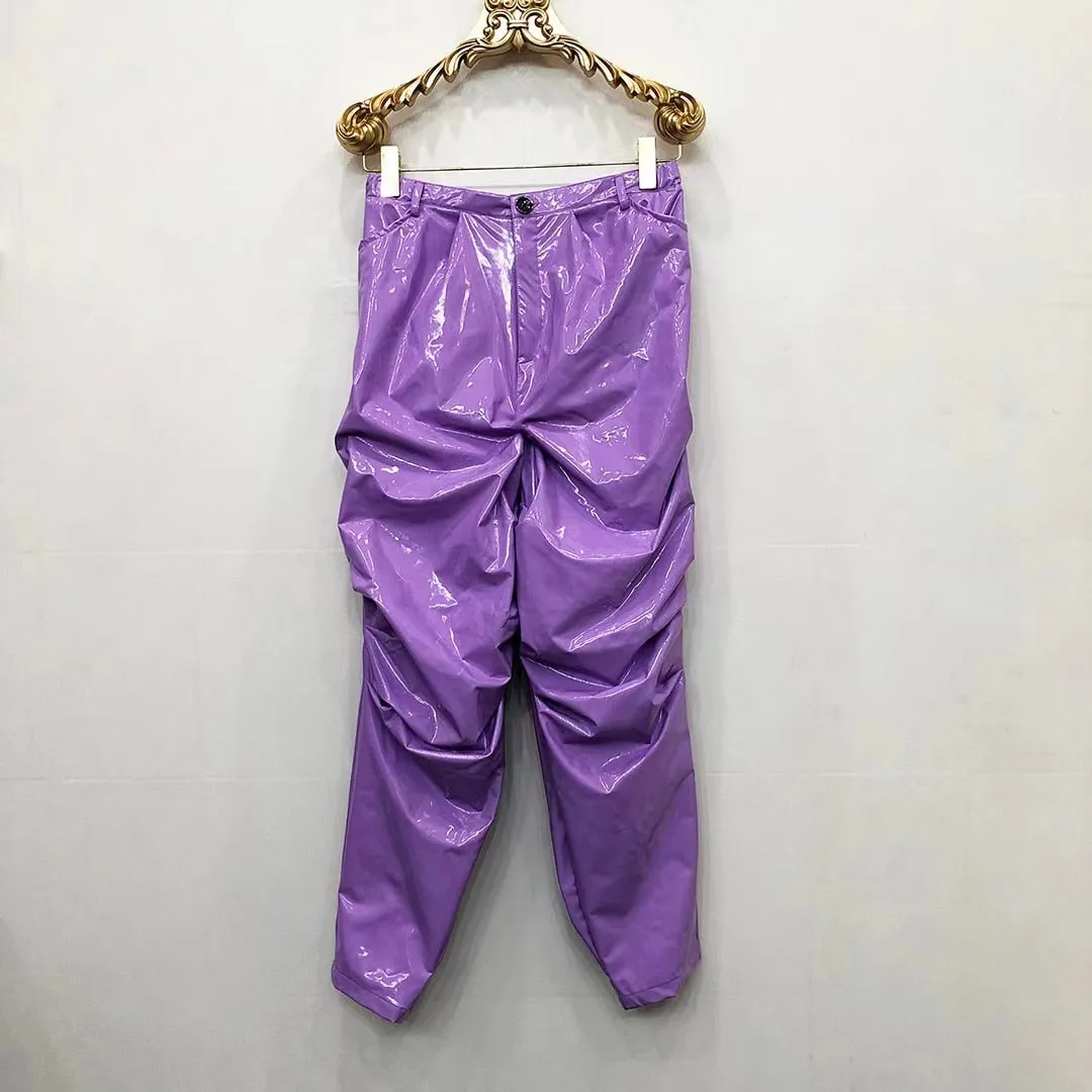 Men's Light Purple Sexy Loose Pleated Bright Elastic Waist Casual Pants