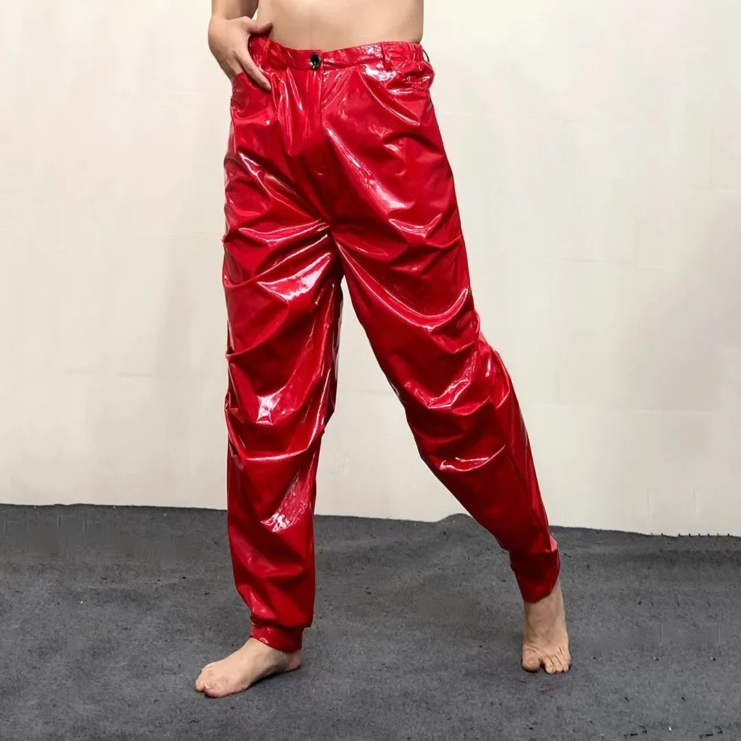 Men's Sexy Red Loose Pleated Shinny Bright Elastic Waist Casual Pants