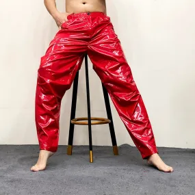 Men's Sexy Red Loose Pleated Shinny Bright Elastic Waist Casual Pants