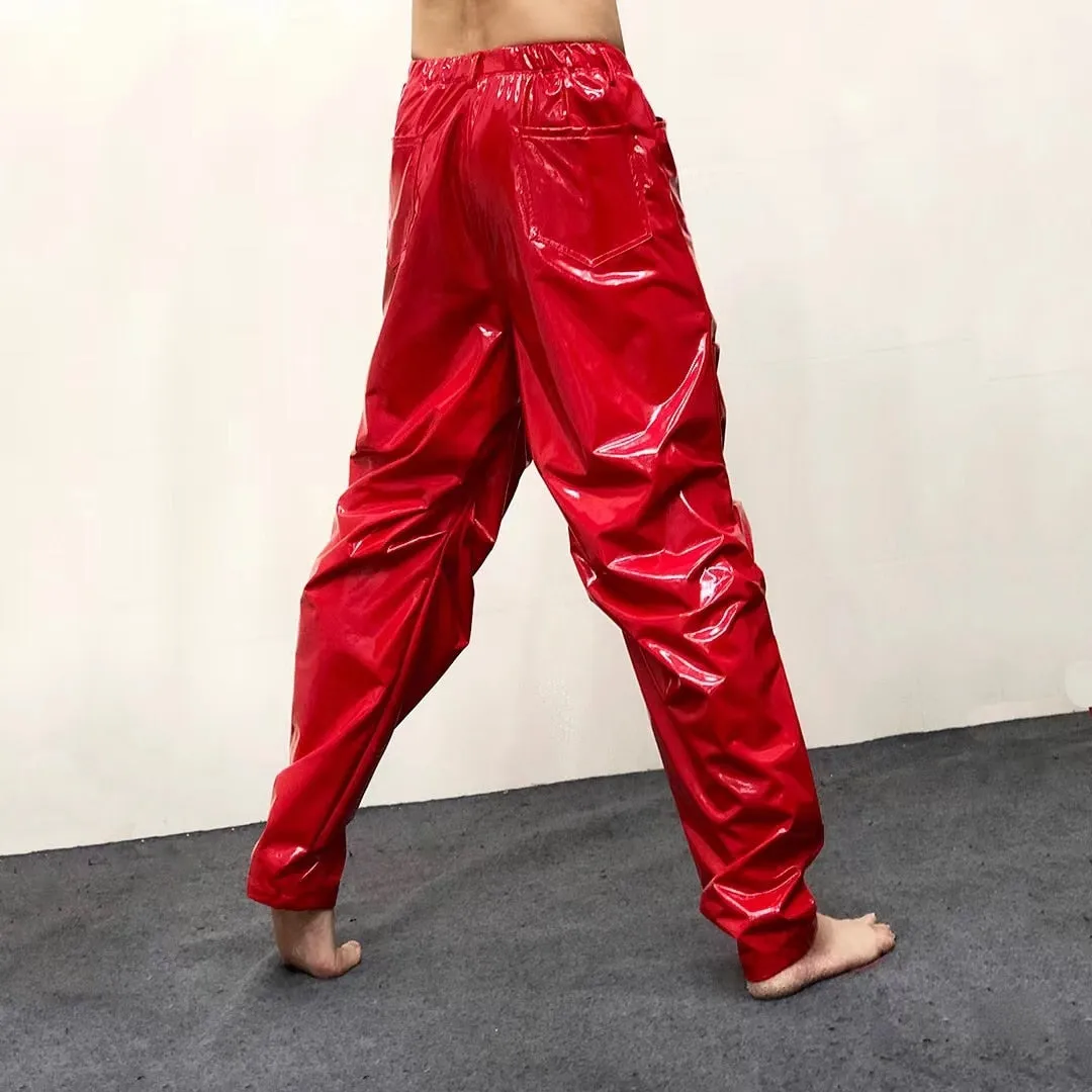 Men's Sexy Red Loose Pleated Shinny Bright Elastic Waist Casual Pants