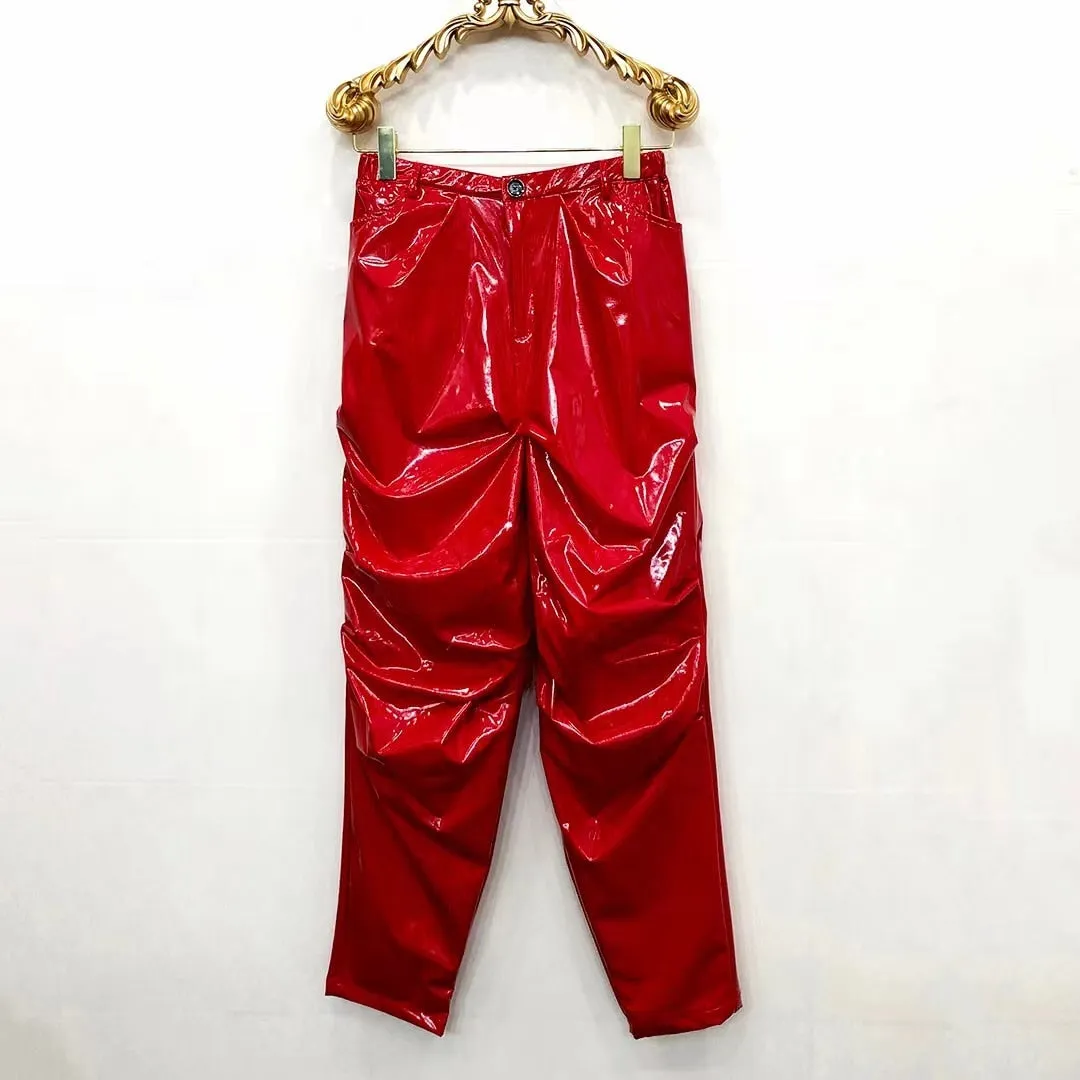 Men's Sexy Red Loose Pleated Shinny Bright Elastic Waist Casual Pants