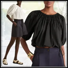 merlette  |Casual Style Plain Cotton Elegant Style Puff Sleeves