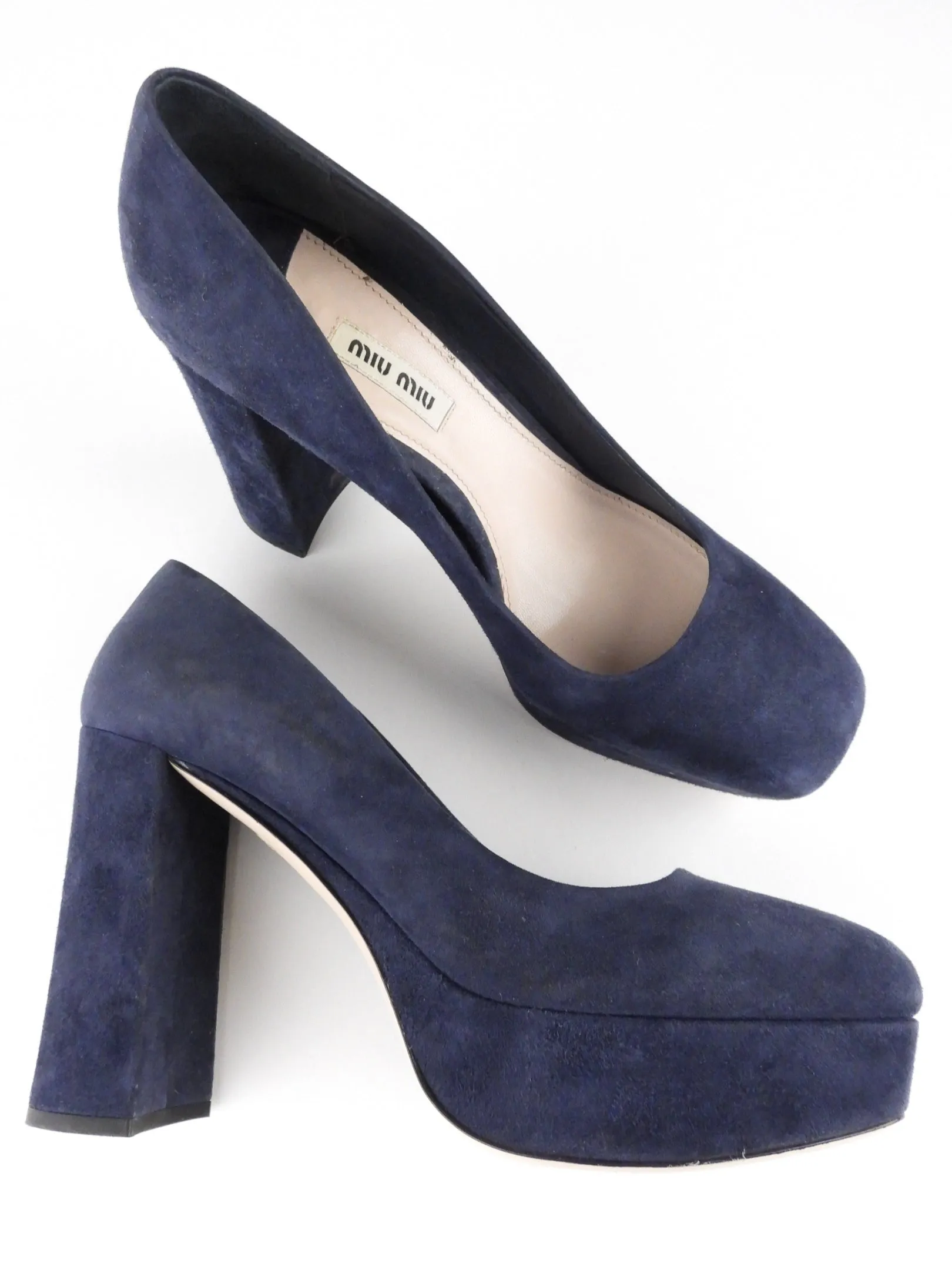 Miu Miu Navy Blue Suede Leather Square-Toe Block-Heel Platform Pumps - 39