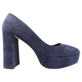 Miu Miu Navy Blue Suede Leather Square-Toe Block-Heel Platform Pumps - 39