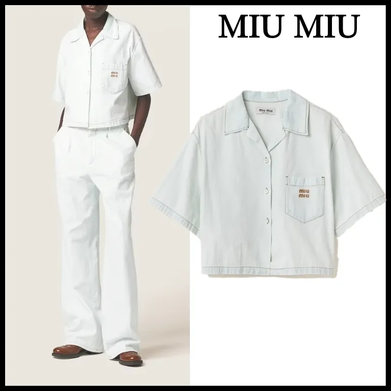 MiuMiu  |Casual Style Plain Cotton Short Sleeves Logo Cropped Tops