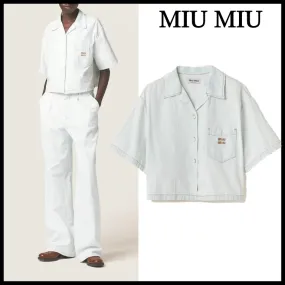 MiuMiu  |Casual Style Plain Cotton Short Sleeves Logo Cropped Tops