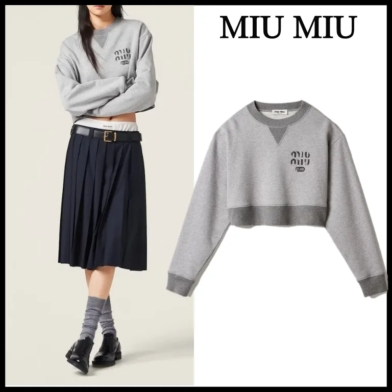 MiuMiu  |Crew Neck Long Sleeves Plain Cotton Logo Cropped Tops