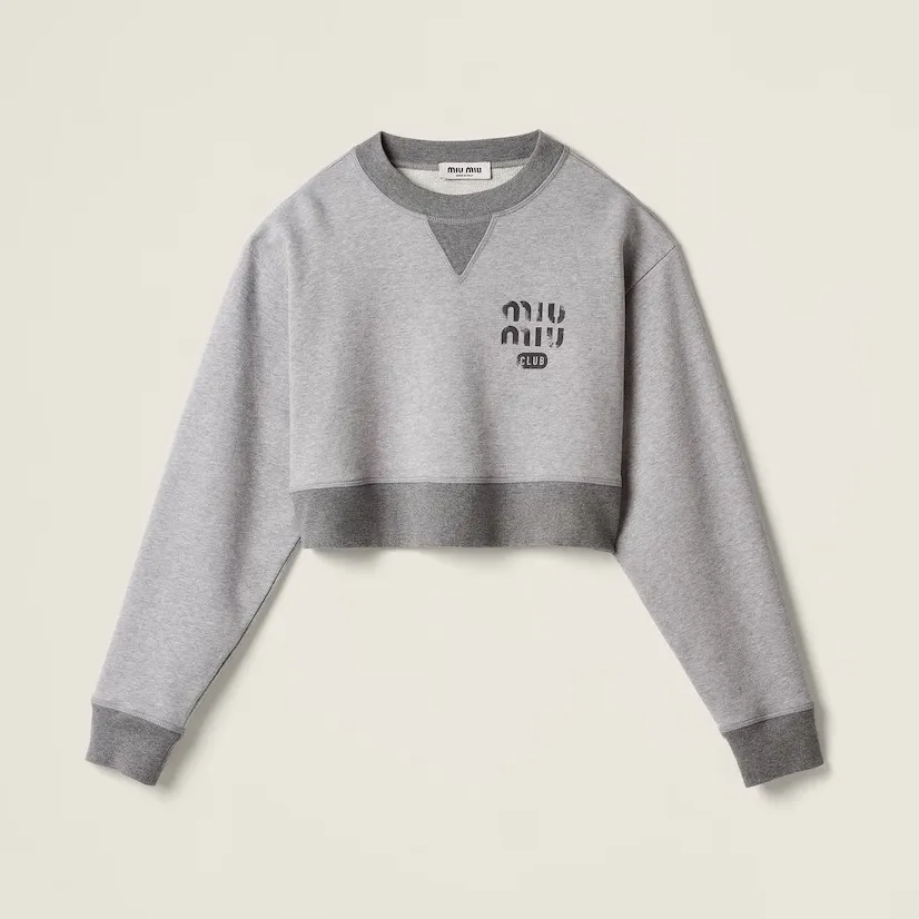 MiuMiu  |Crew Neck Long Sleeves Plain Cotton Logo Cropped Tops