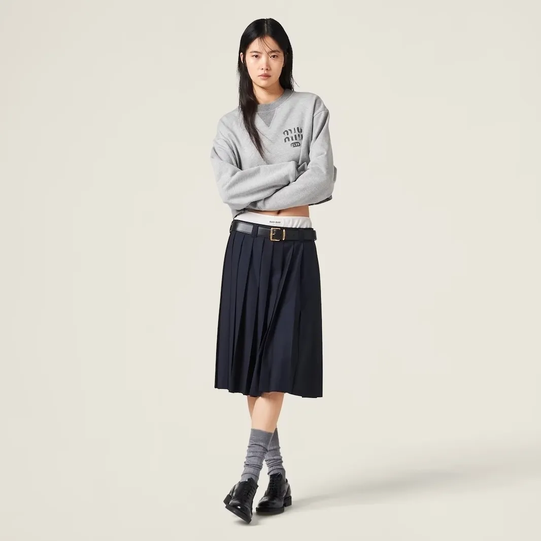 MiuMiu  |Crew Neck Long Sleeves Plain Cotton Logo Cropped Tops