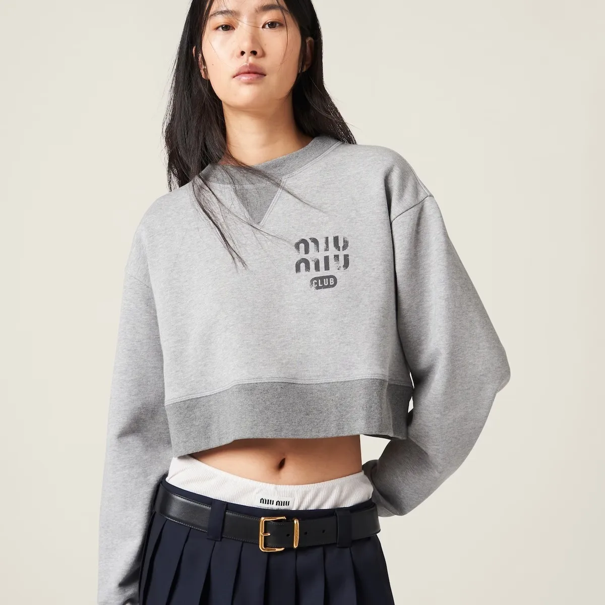 MiuMiu  |Crew Neck Long Sleeves Plain Cotton Logo Cropped Tops