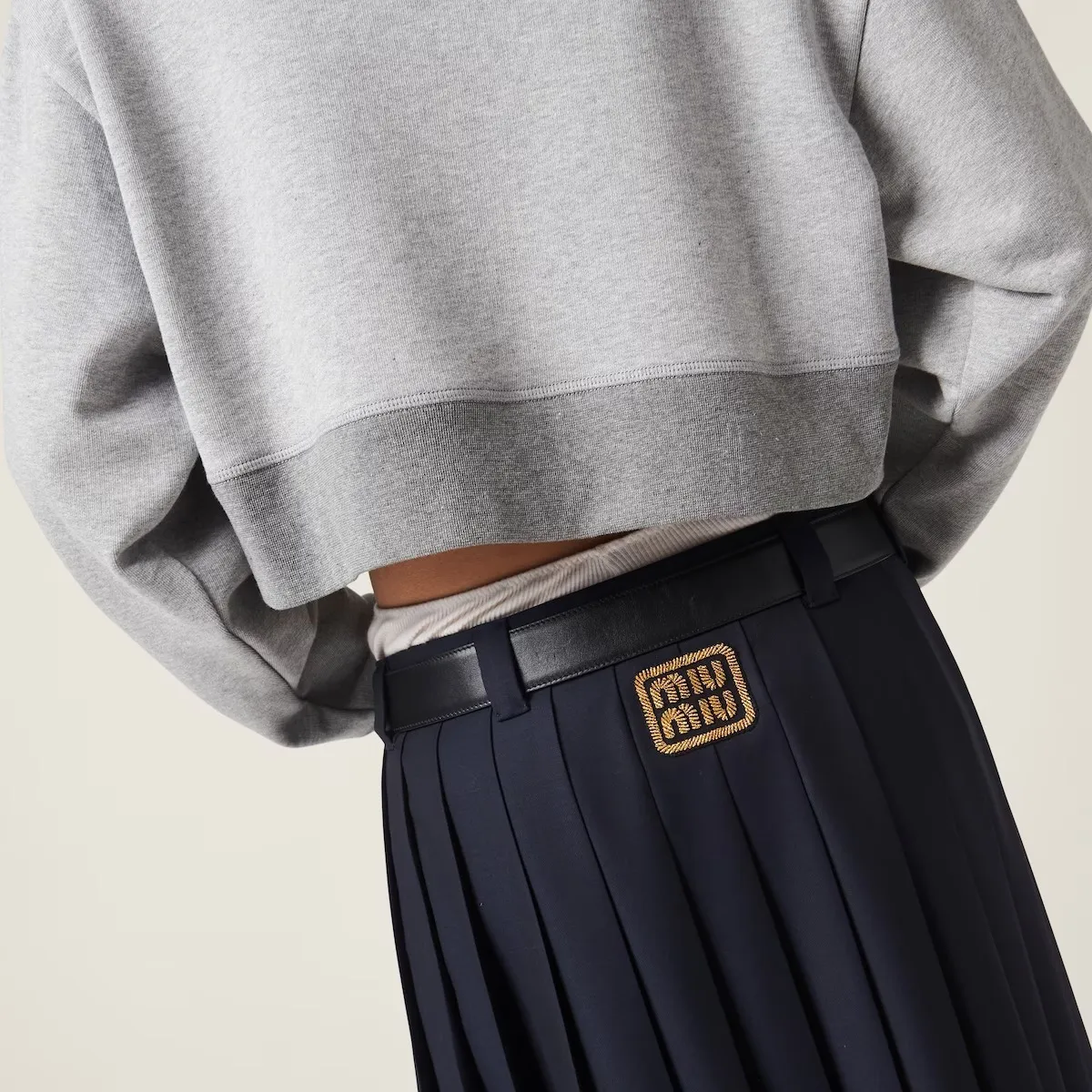 MiuMiu  |Crew Neck Long Sleeves Plain Cotton Logo Cropped Tops