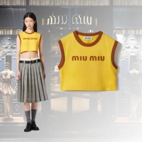 MiuMiu  |Crew Neck Sleeveless Cotton Logo Cropped Tops