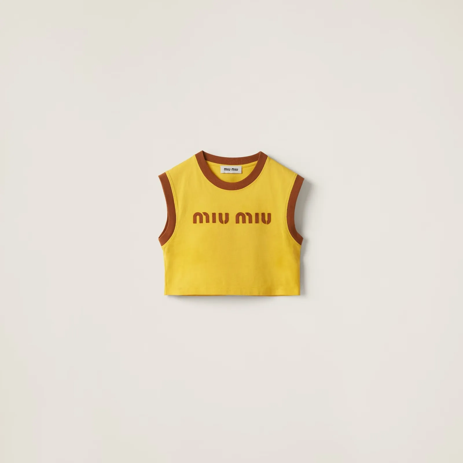 MiuMiu  |Crew Neck Sleeveless Cotton Logo Cropped Tops