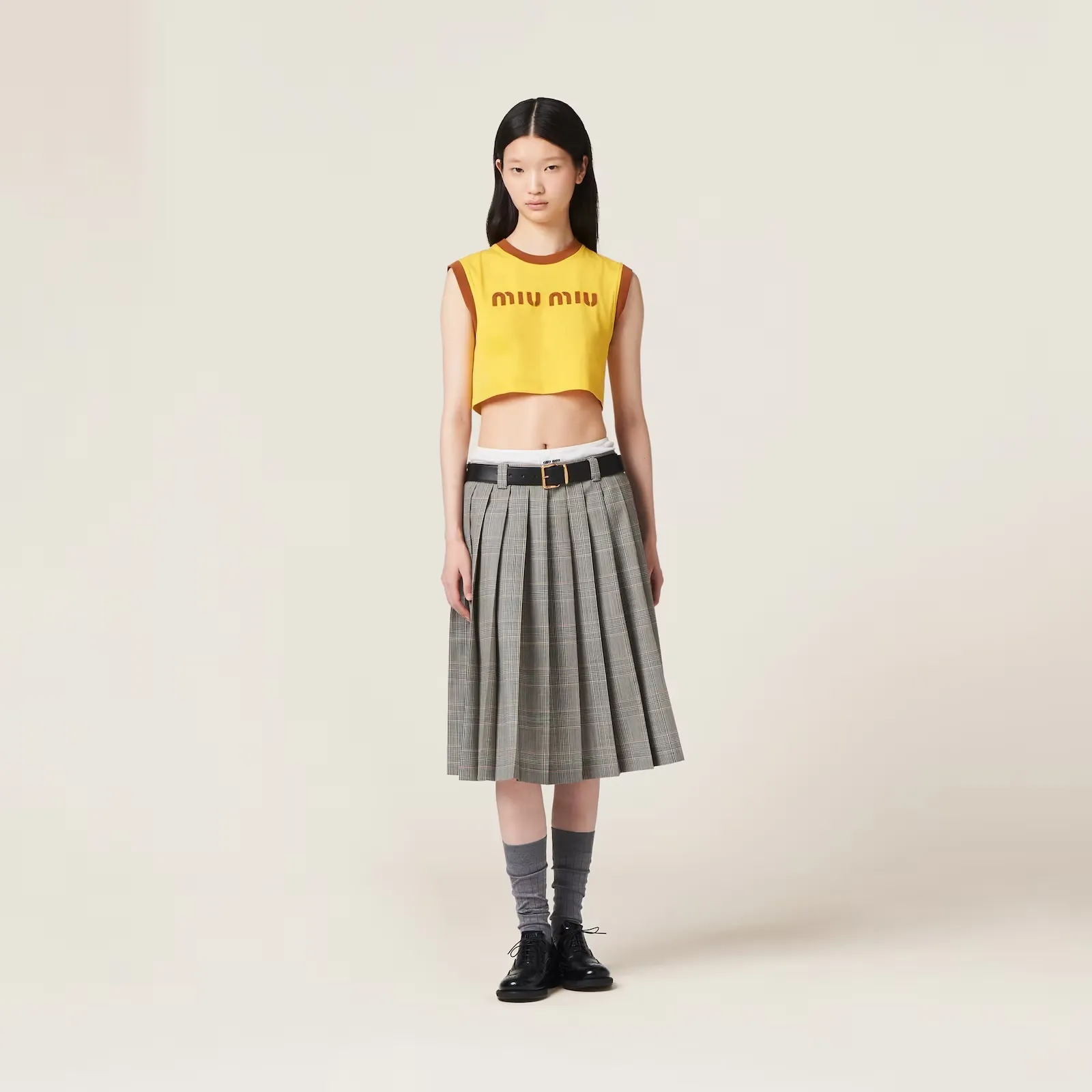 MiuMiu  |Crew Neck Sleeveless Cotton Logo Cropped Tops