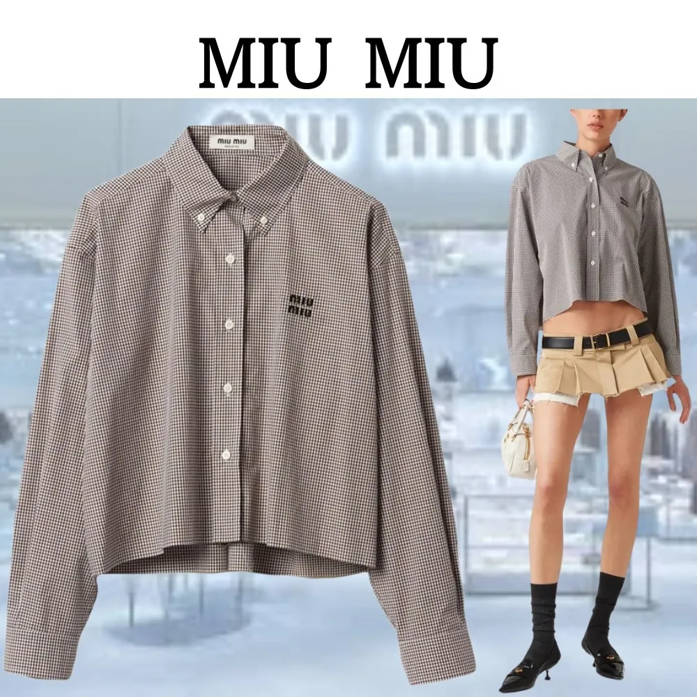 MiuMiu  |Gingham Casual Style Long Sleeves Logo Cropped Tops