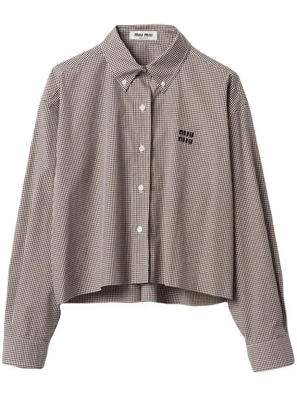 MiuMiu  |Gingham Casual Style Long Sleeves Logo Cropped Tops