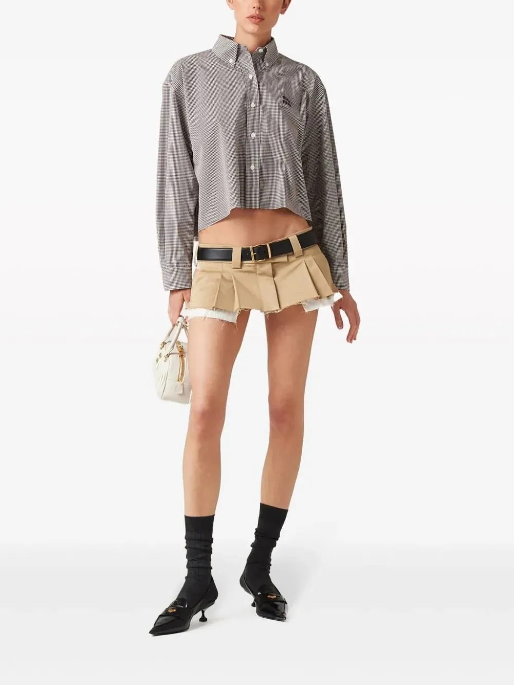 MiuMiu  |Gingham Casual Style Long Sleeves Logo Cropped Tops