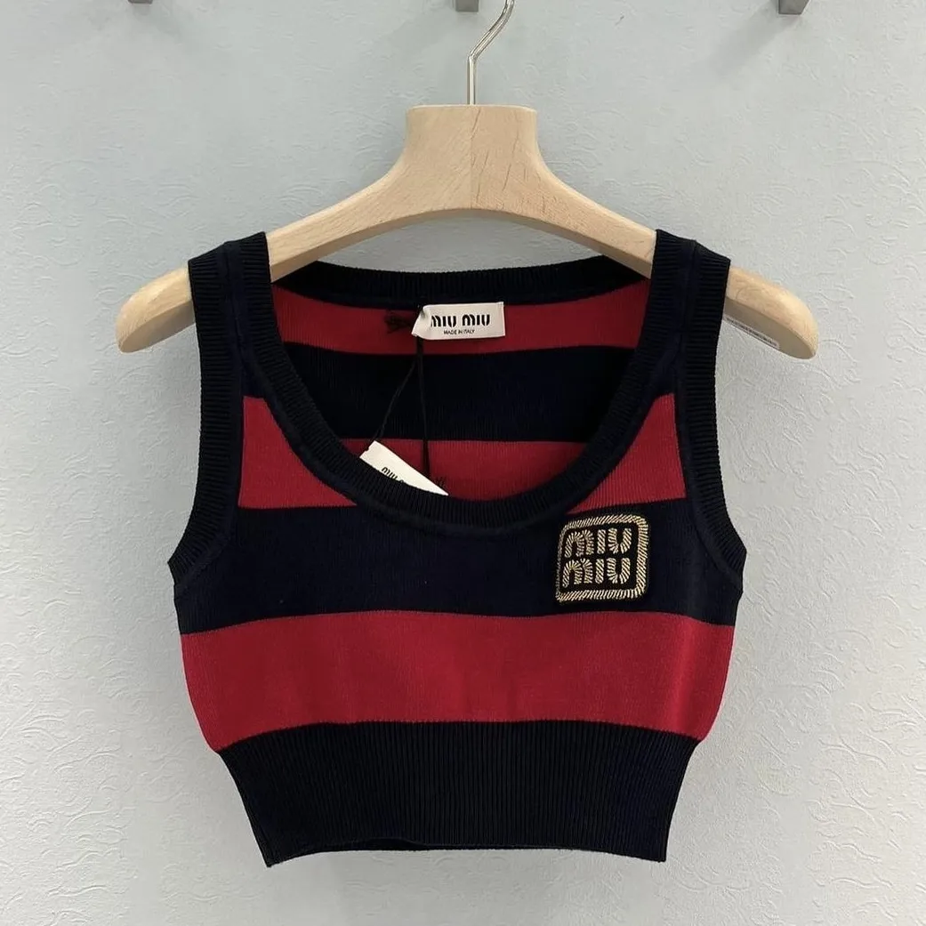 MiuMiu  |Stripes Casual Style Sleeveless U-Neck Cotton Logo