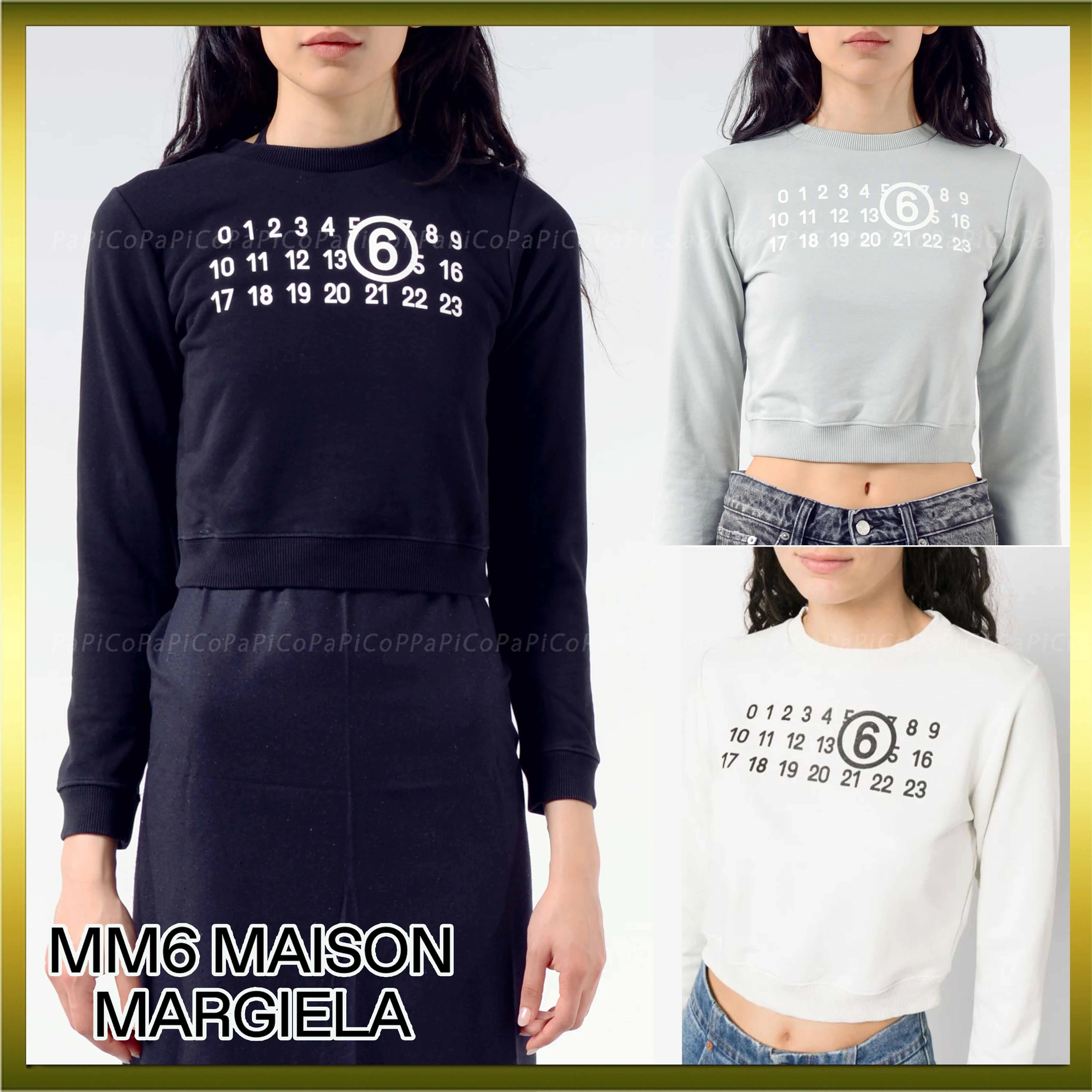 MM6 Maison Margiela  |Crew Neck Long Sleeves Cotton Logo Cropped Tops