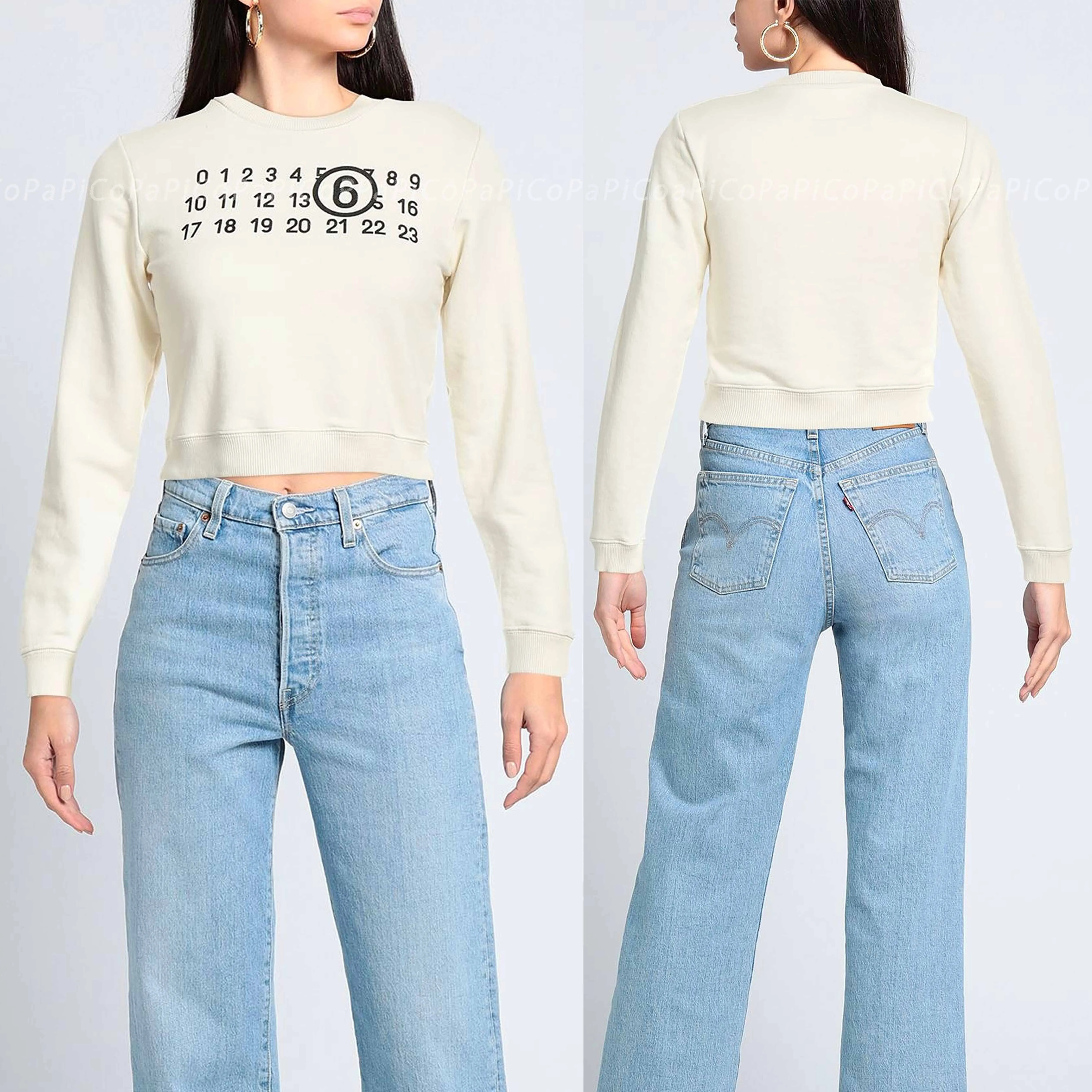 MM6 Maison Margiela  |Crew Neck Long Sleeves Cotton Logo Cropped Tops