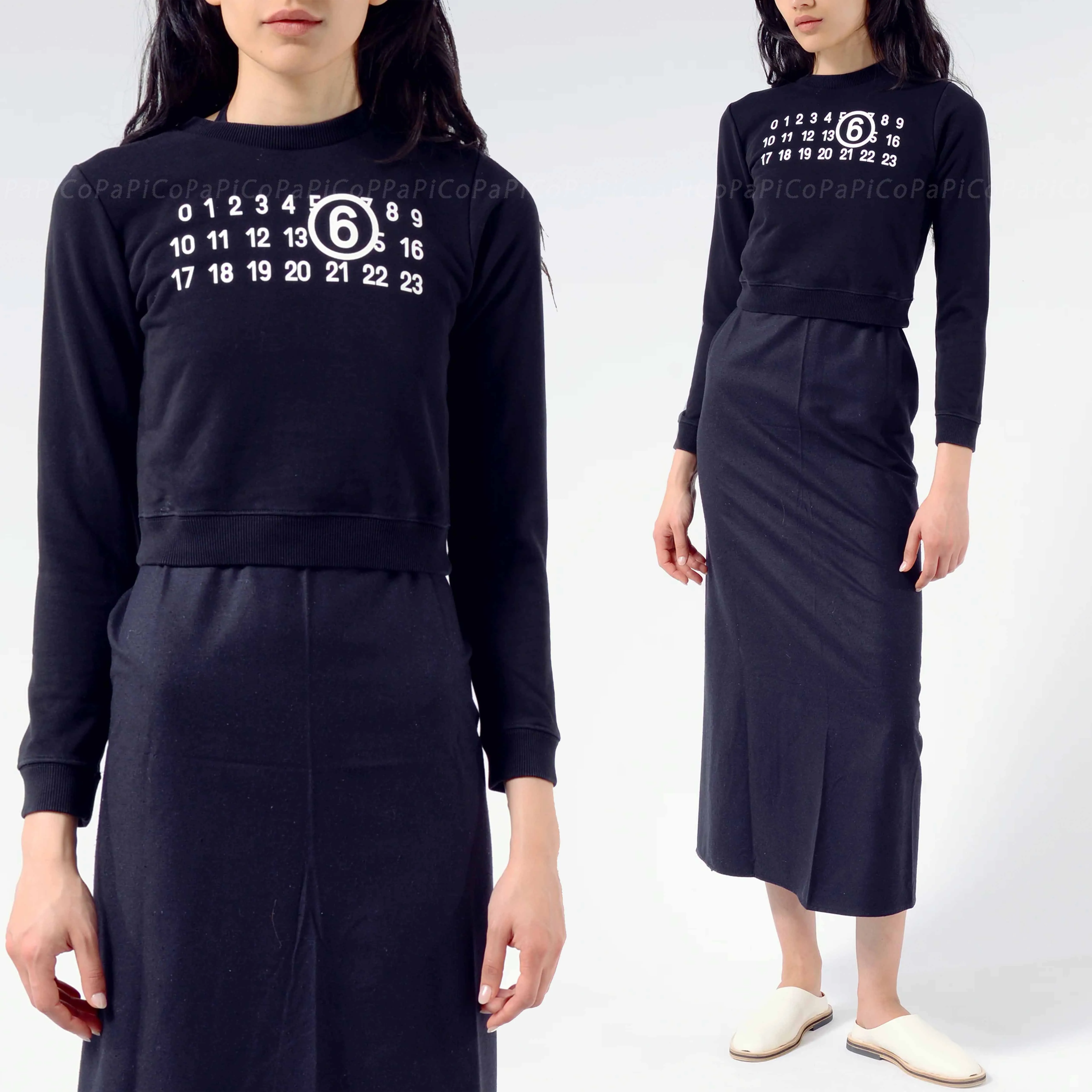 MM6 Maison Margiela  |Crew Neck Long Sleeves Cotton Logo Cropped Tops