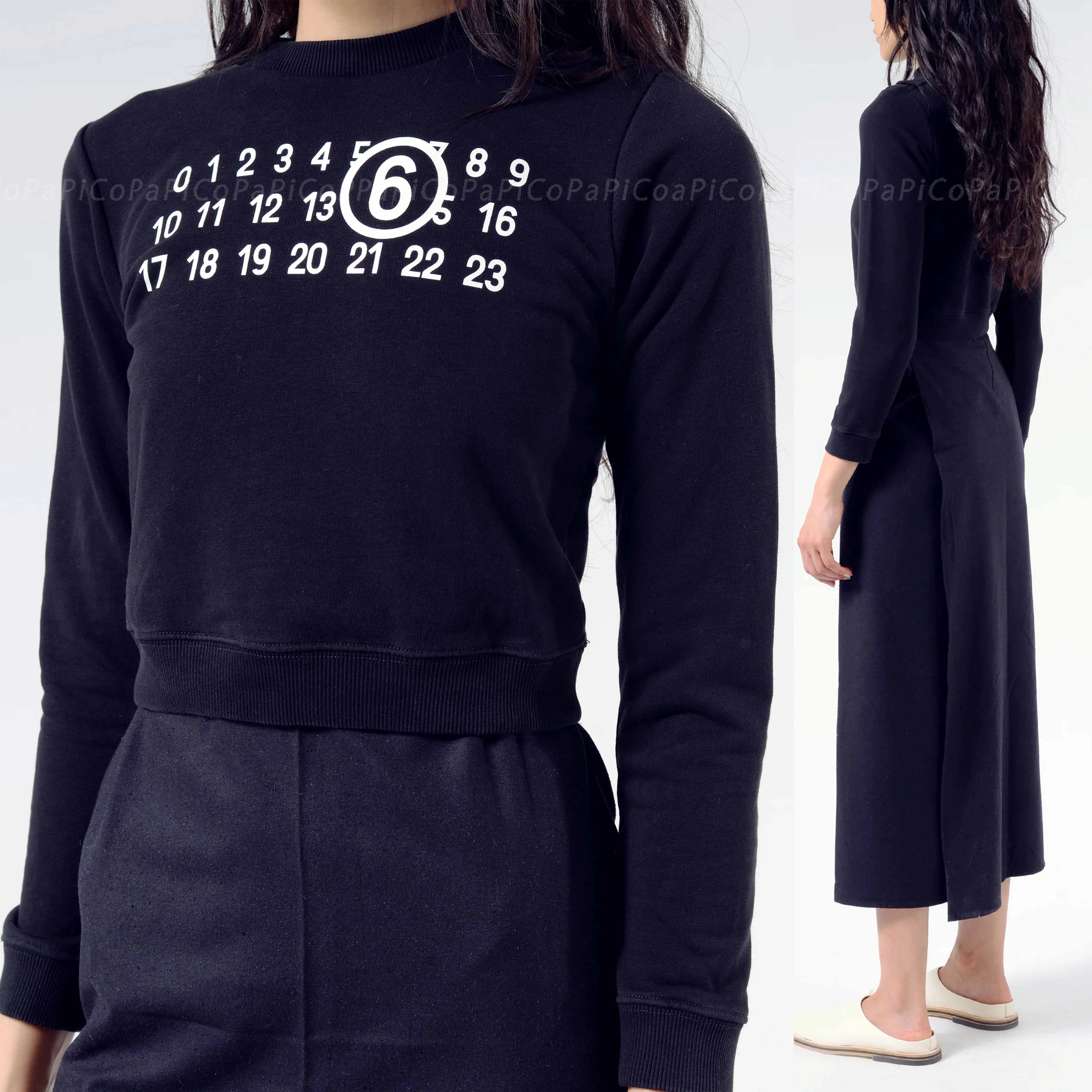 MM6 Maison Margiela  |Crew Neck Long Sleeves Cotton Logo Cropped Tops