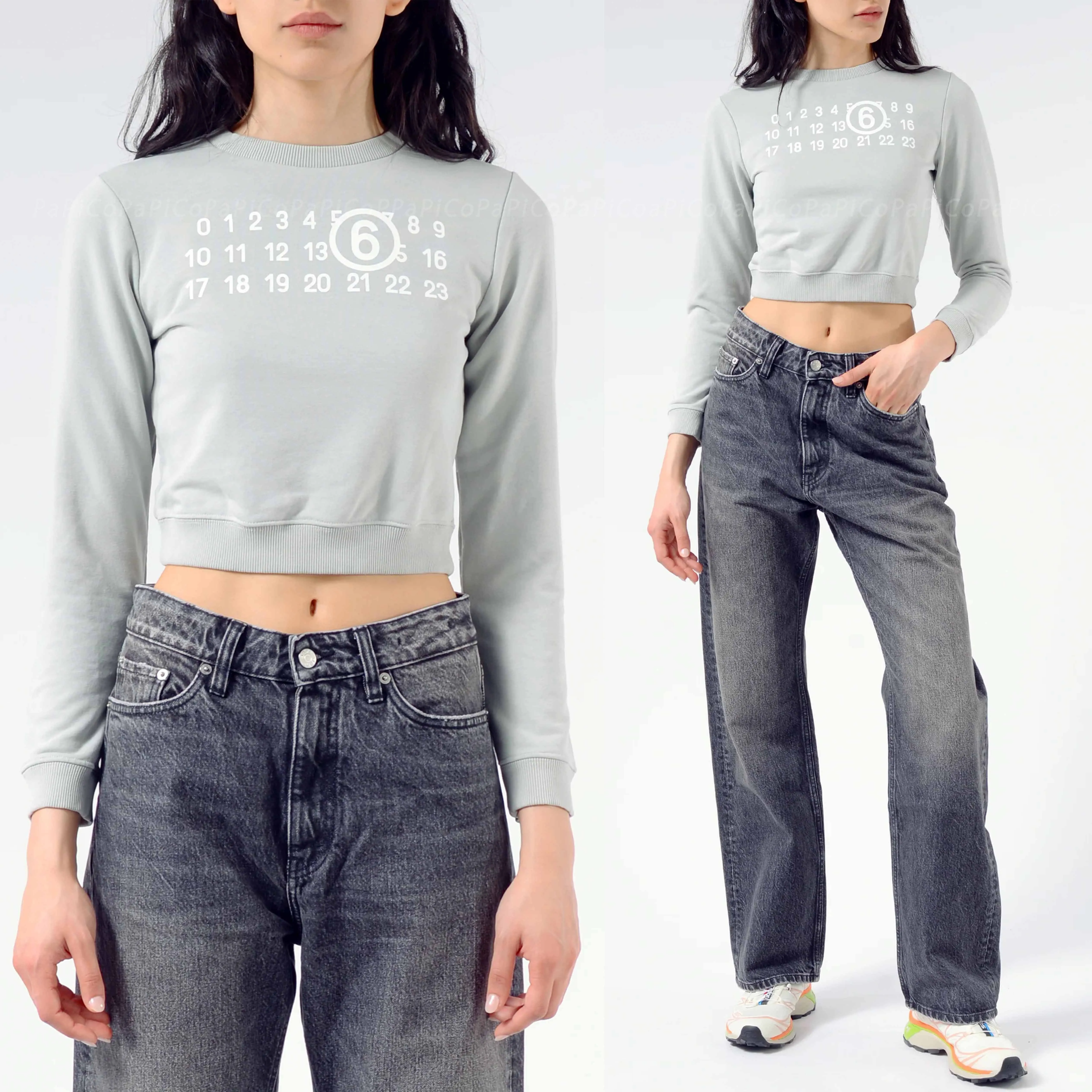 MM6 Maison Margiela  |Crew Neck Long Sleeves Cotton Logo Cropped Tops