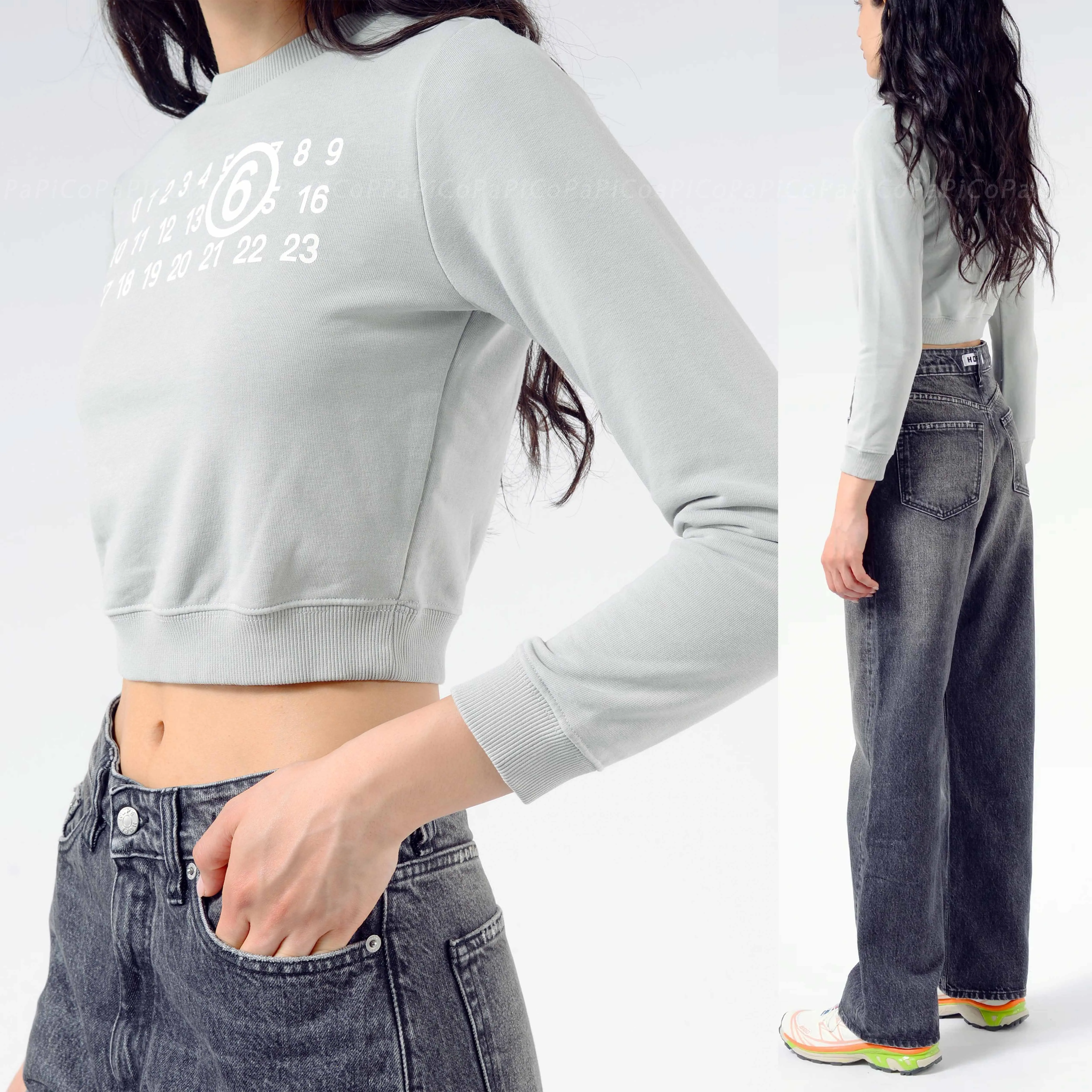 MM6 Maison Margiela  |Crew Neck Long Sleeves Cotton Logo Cropped Tops