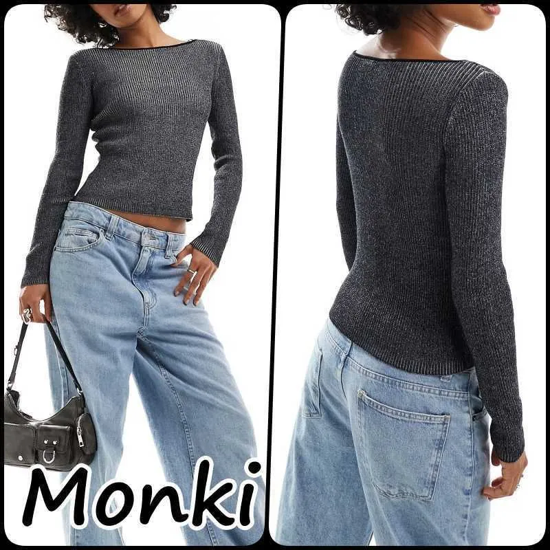 MONKI  |Stripes Casual Style Long Sleeves Cropped Tops