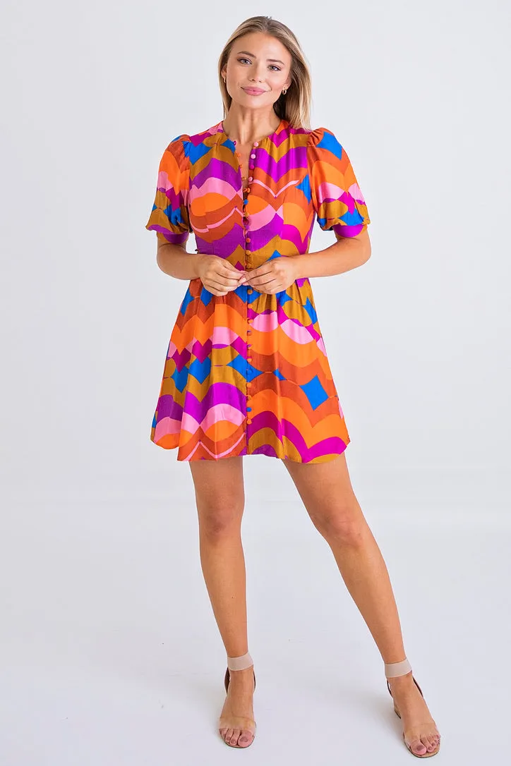 Multi 70's Swirl Puff Sleeve Dress