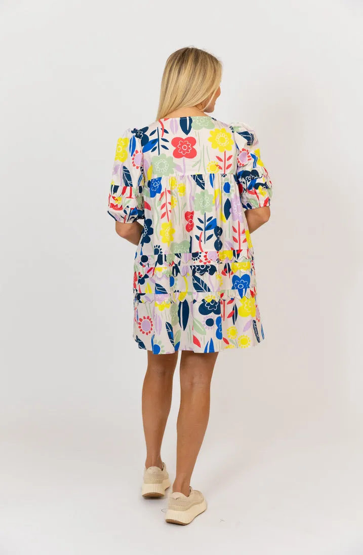 Multi Abstract Vneck Scallop Dress