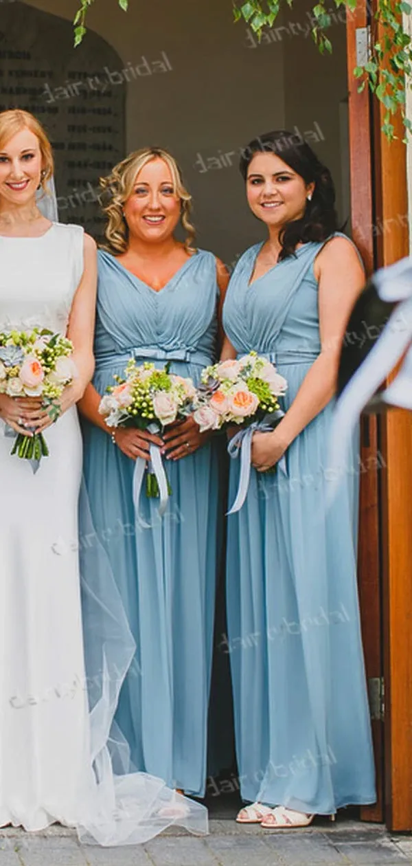 Newest Fashion Blue Chiffon Unique Pleating V-neck Sleeveless Long A-line  Bridesmaid Dresses,DB091