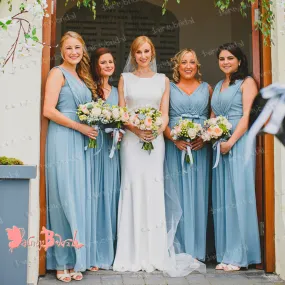 Newest Fashion Blue Chiffon Unique Pleating V-neck Sleeveless Long A-line  Bridesmaid Dresses,DB091